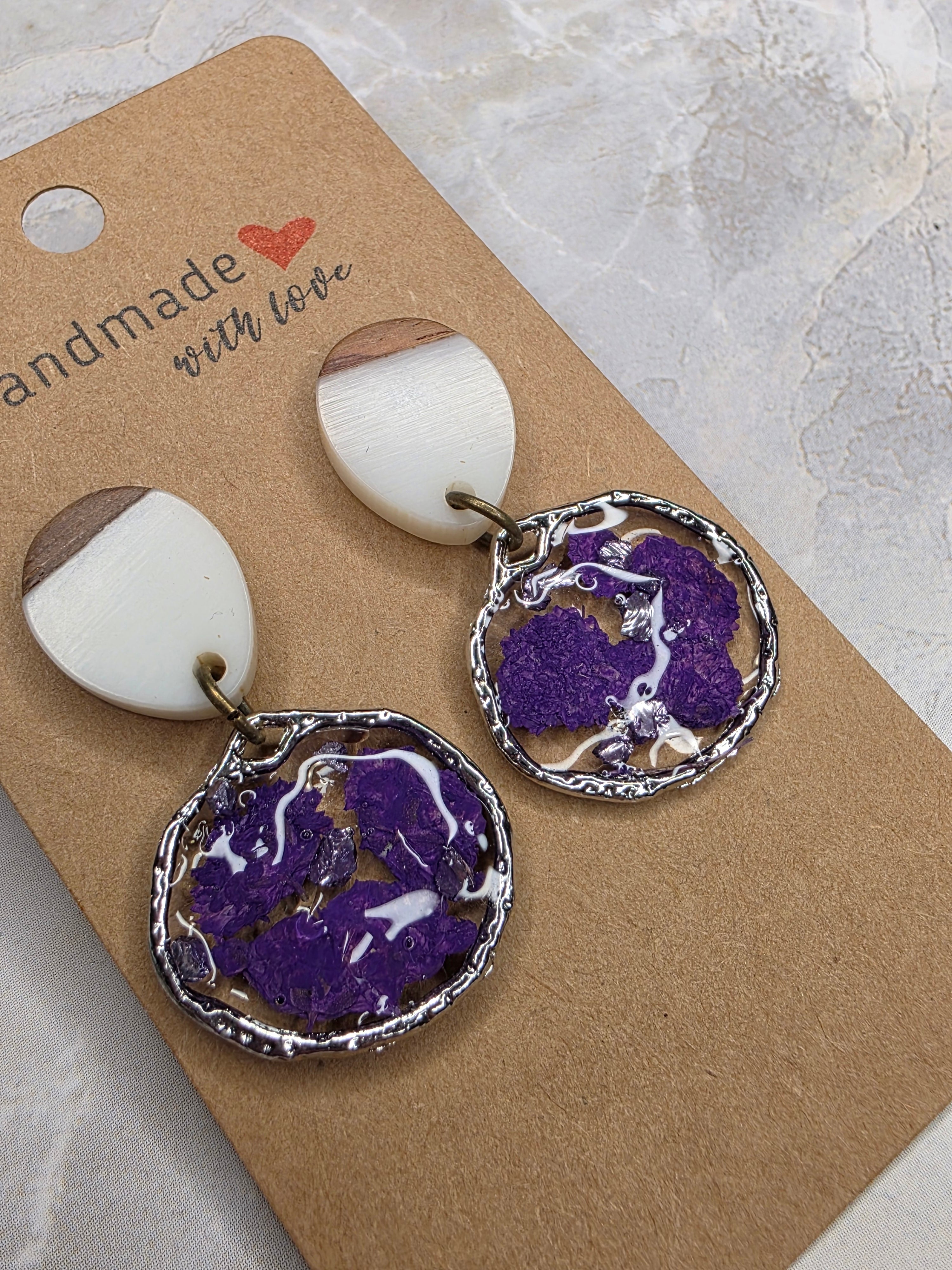 Purple Resin & Wood Dangle Earrings