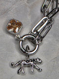 Silver Paperclip Chain Leopard & Champagne Crystal Charm Necklace