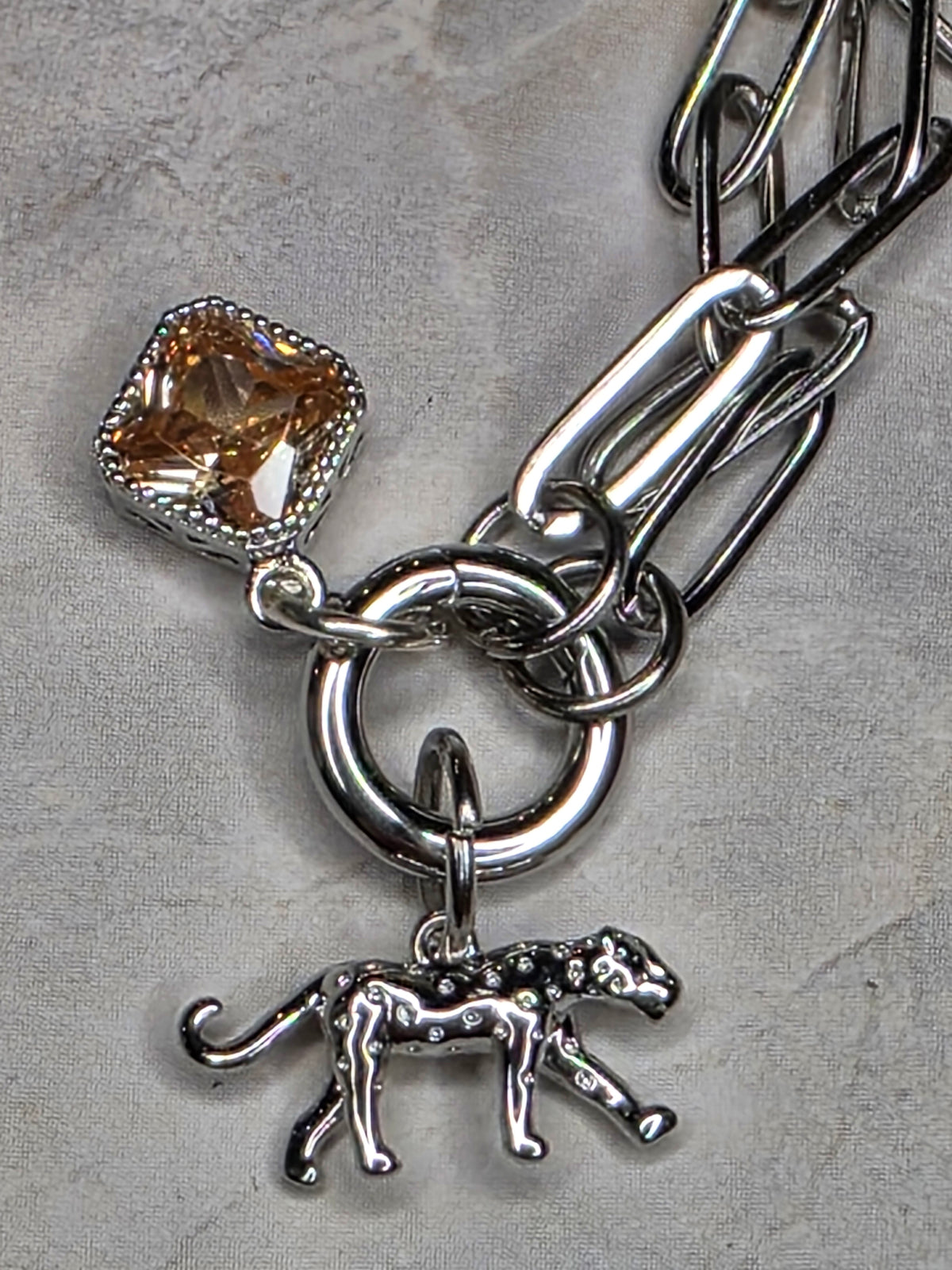 Silver Paperclip Chain Leopard & Champagne Crystal Charm Necklace