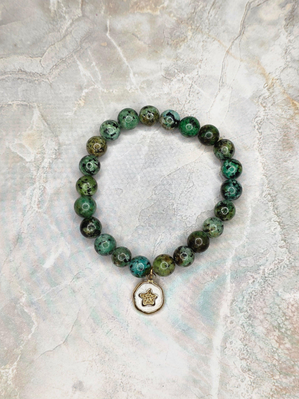 African Turquoise Stone of Calm Bracelet with Gold Starfish Charm