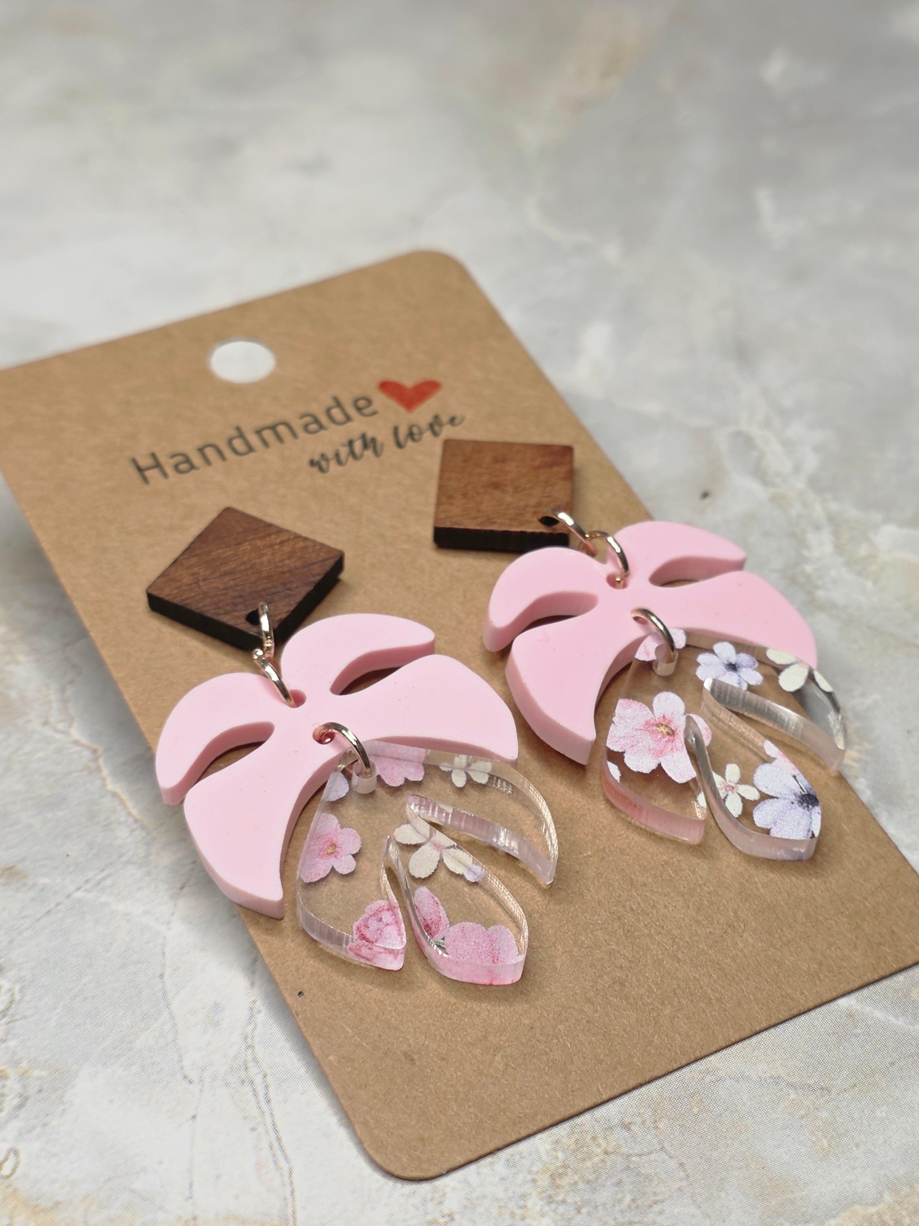 Pink Monstera Leaf & Floral Resin Dangle Earrings