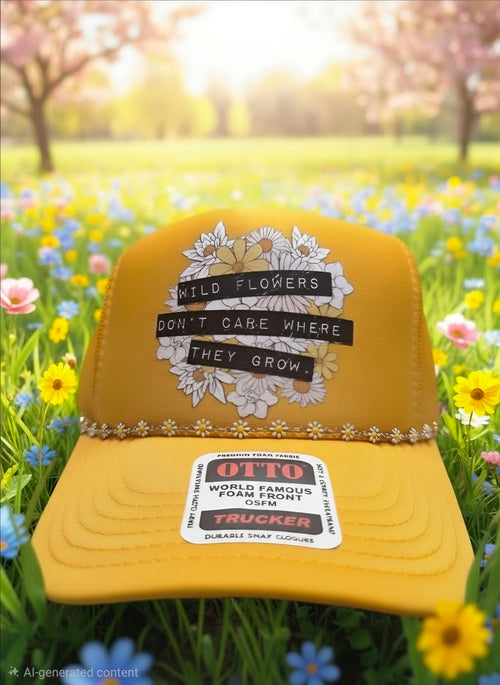 A mustard yellow trucker cap with a floral graphic and the text 'WILD FLOWERS DON'T CARE WHERE THEY GROW' on the front, displayed on a grassy field with flowers and blurred trees in the background.