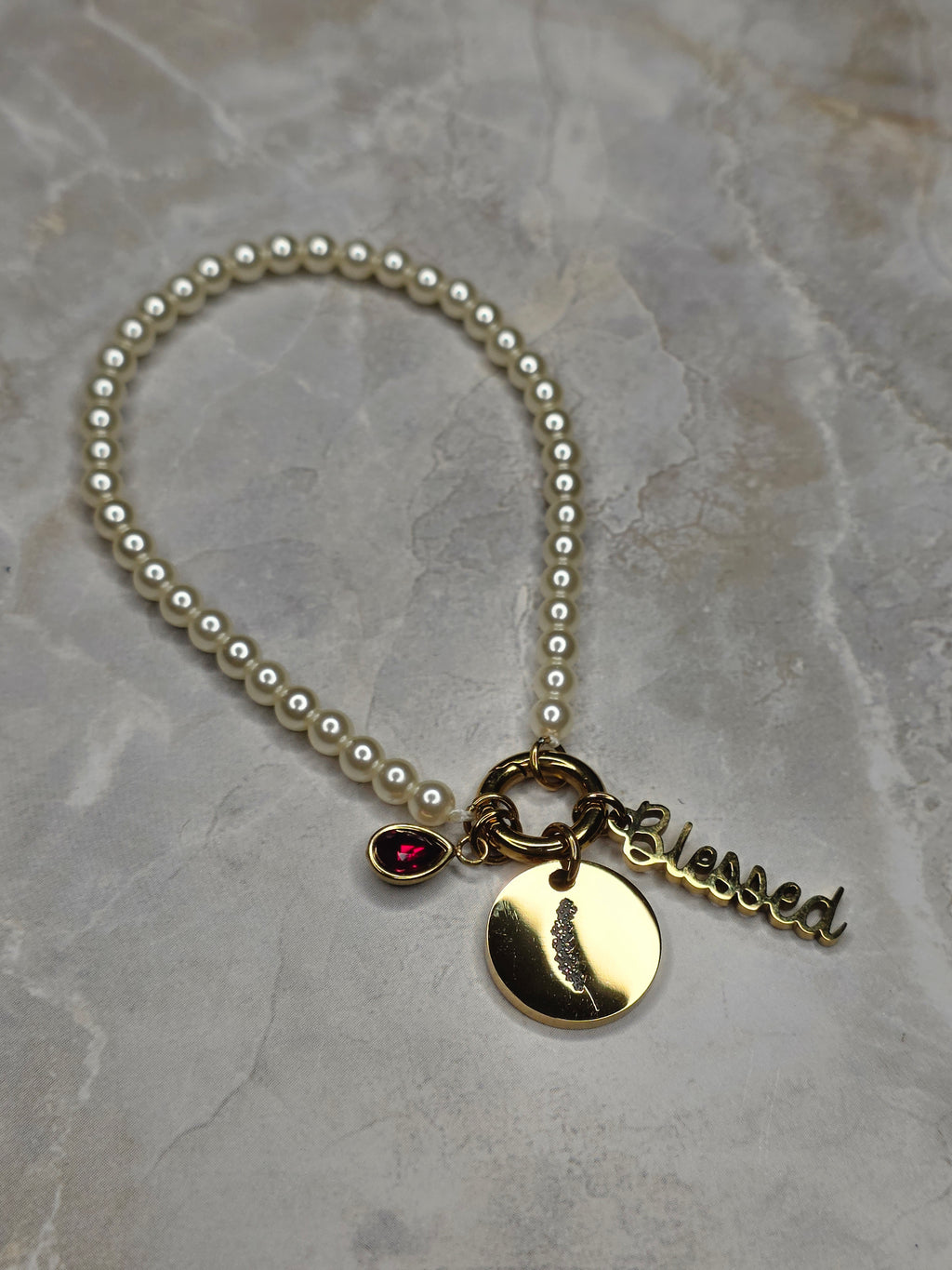 July Birthstone Charm Bracelet — Ruby, Birth Flower & Blessed Charm