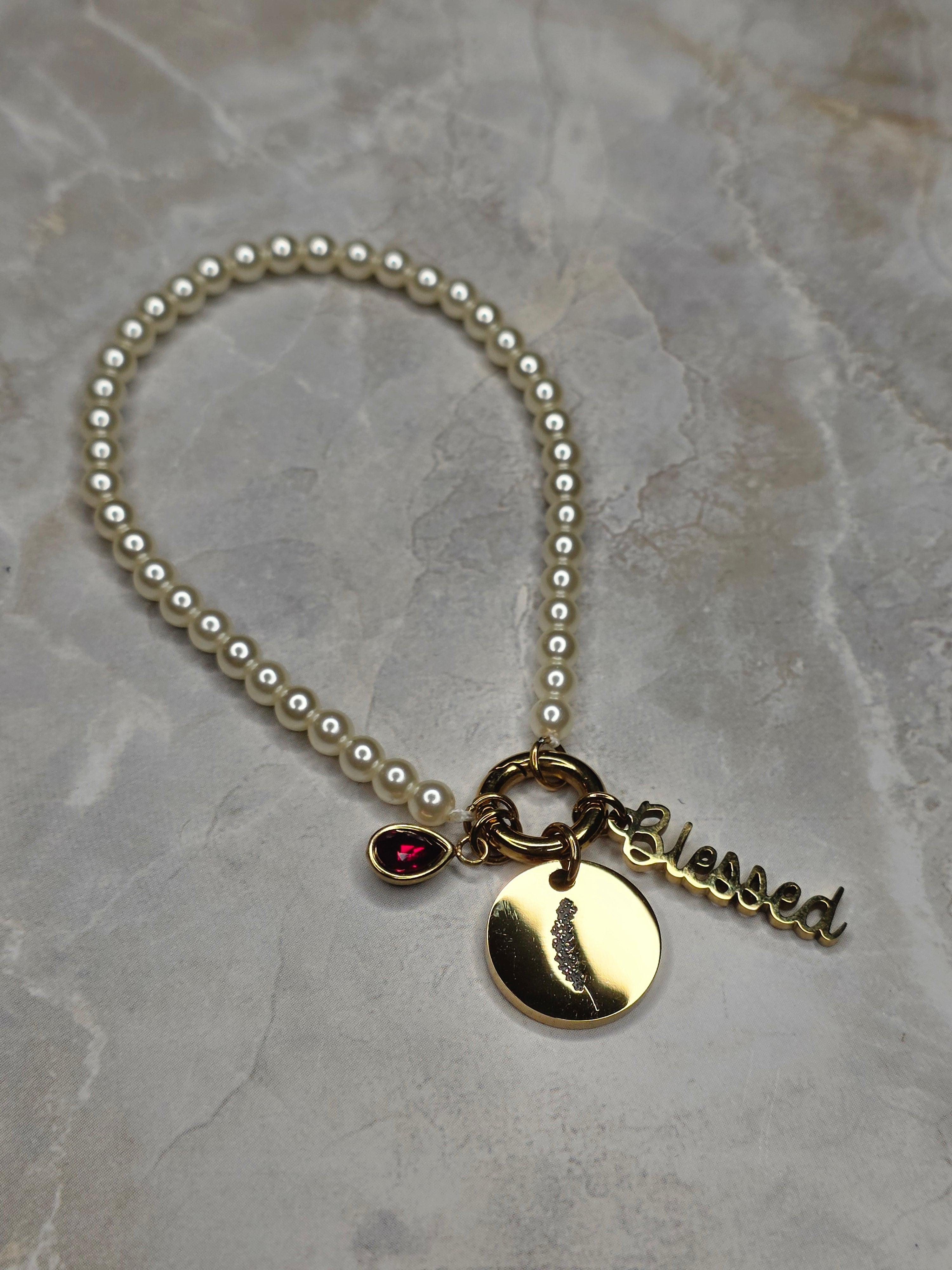 July Birthstone Charm Bracelet — Ruby, Birth Flower & Blessed Charm