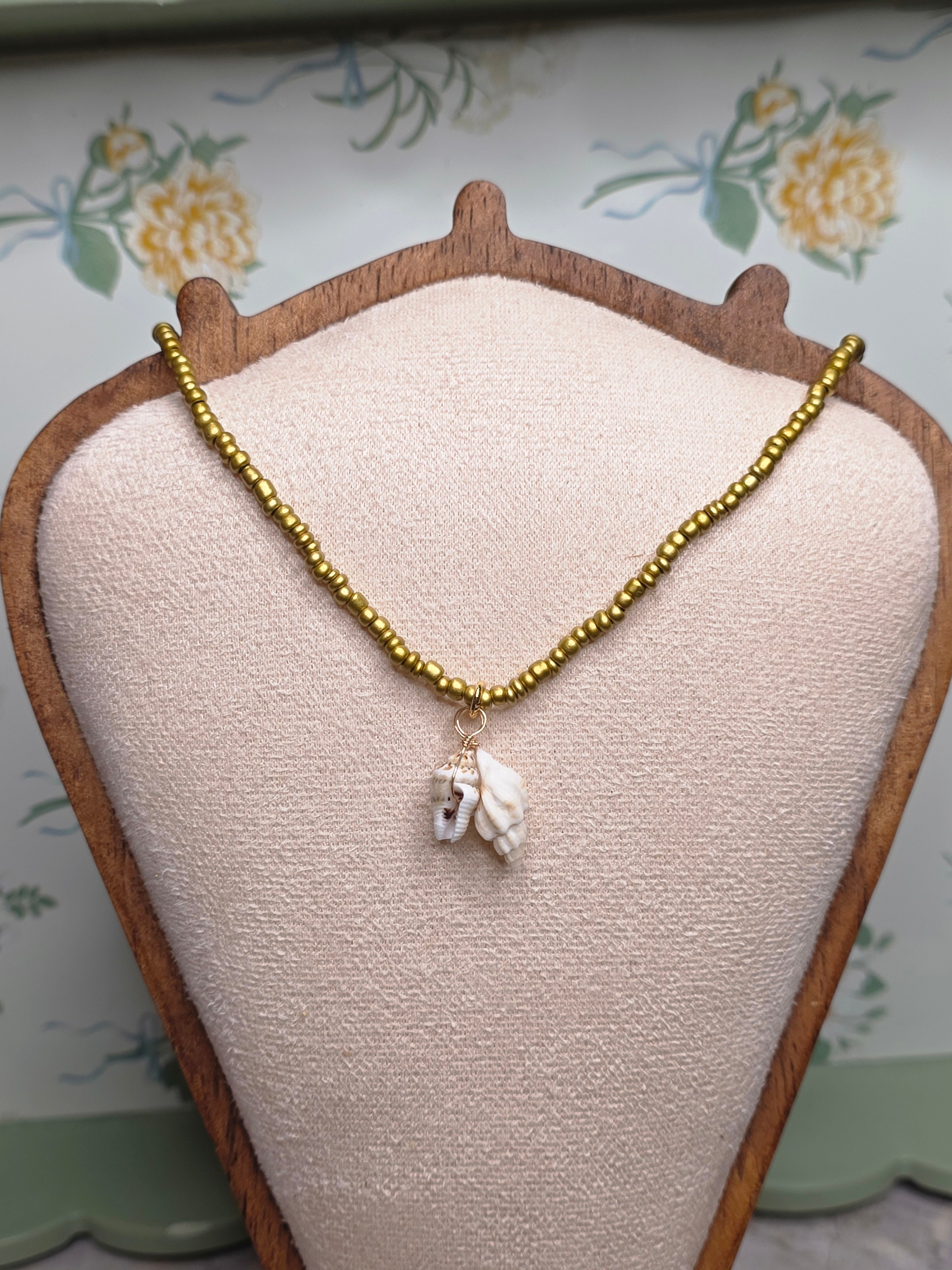 Gold Seed Bead & Wire-Wrapped Shell Charm Necklace