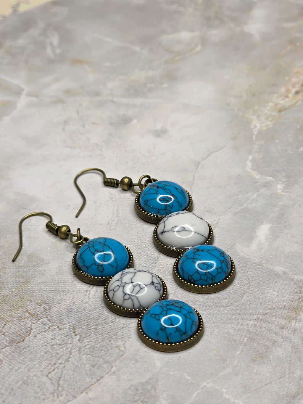 Dark Turquoise & White Triple Drop Earrings