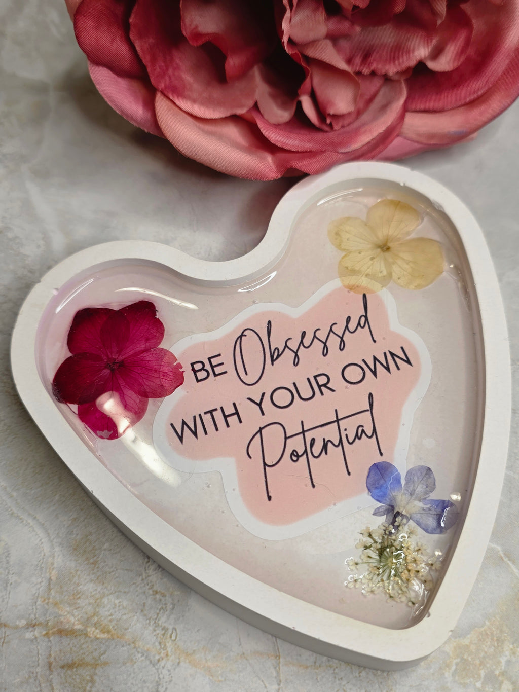 "Be Obsessed With Your Own Potential" Pressed Flower Heart Tray | Eco Resin