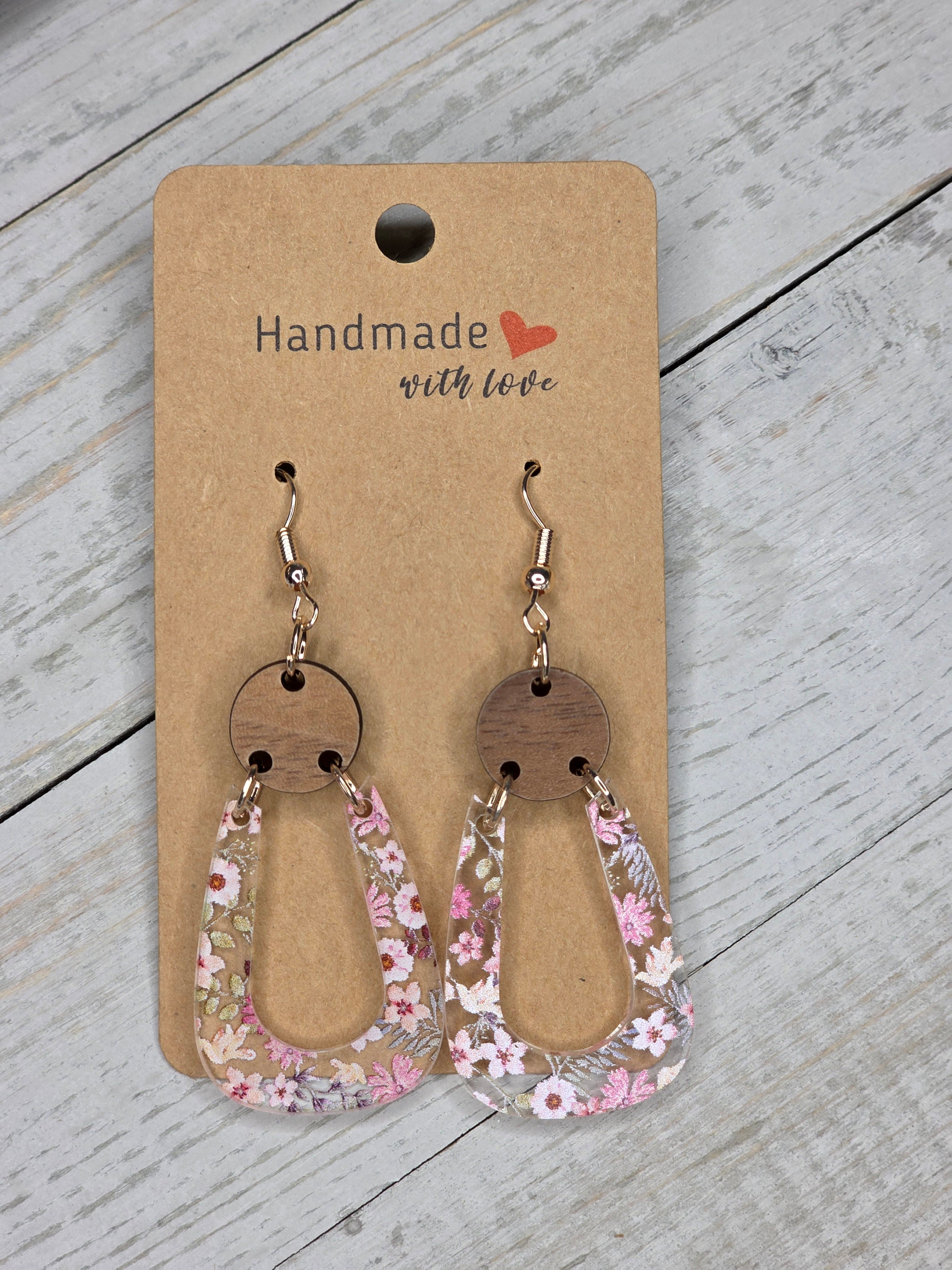 Pink Floral Acrylic & Wood Dangle Earrings