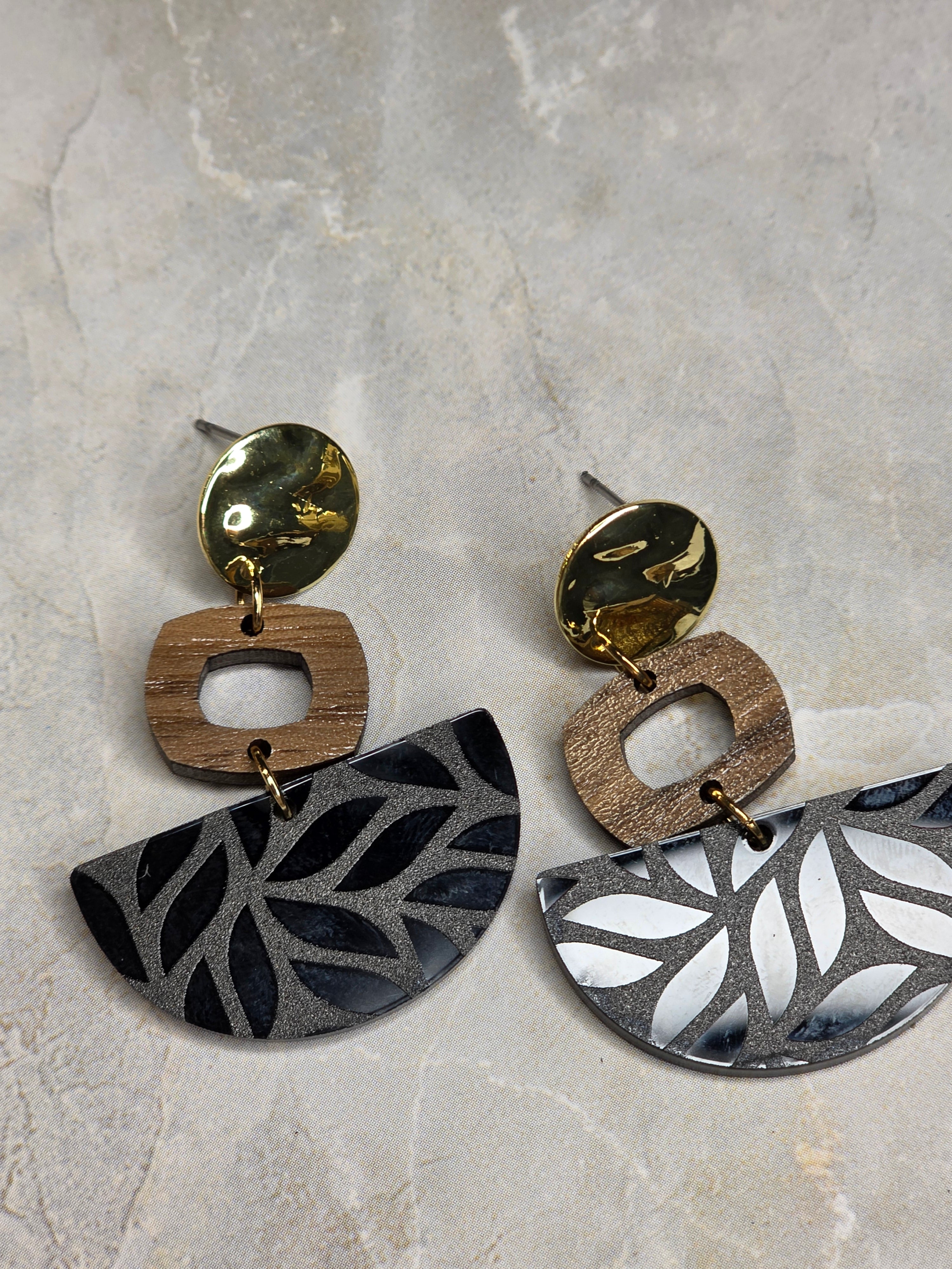 Black Geometric Acrylic & Wood Dangle Earrings