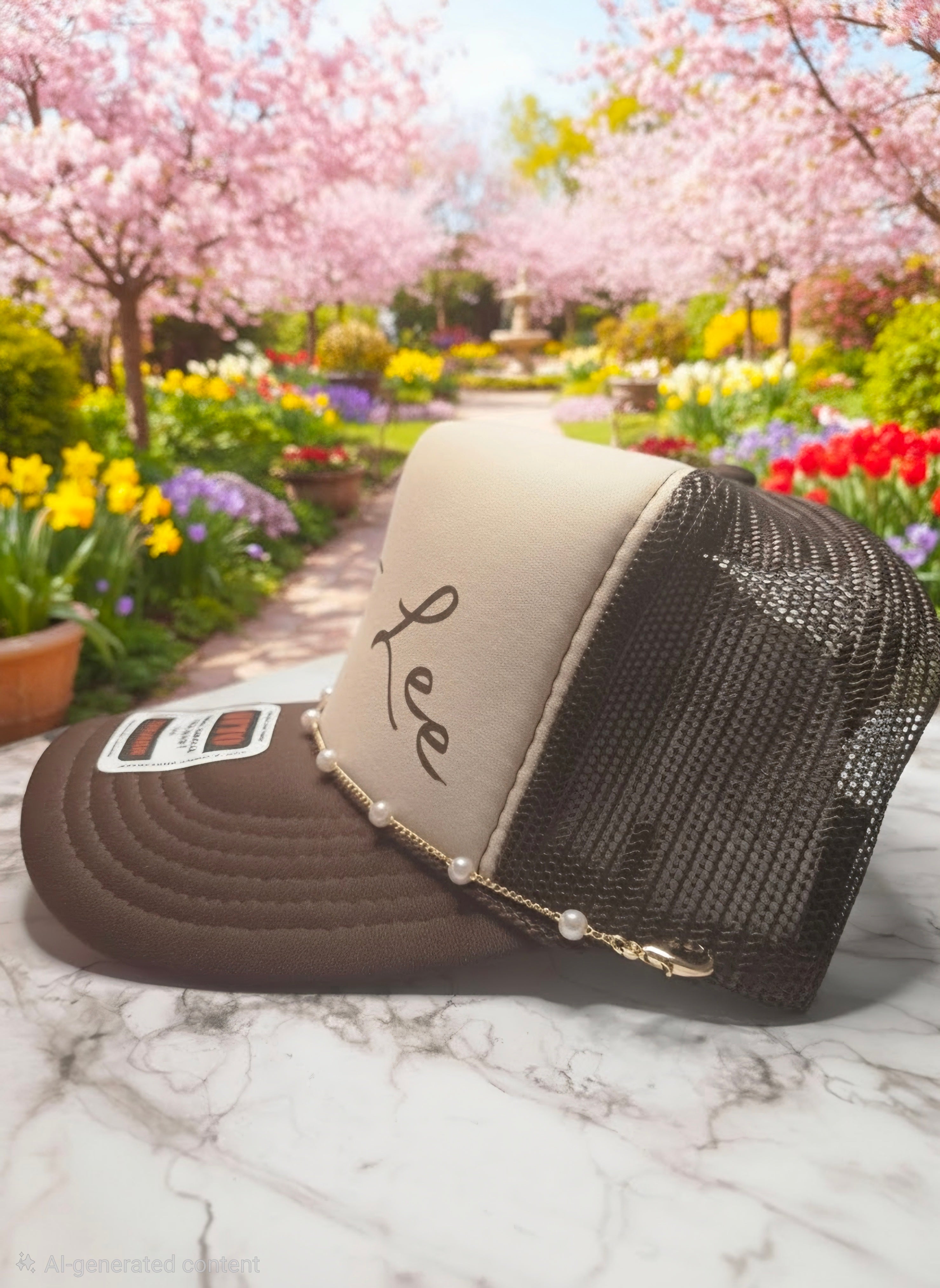 A brown and beige trucker hat with a black mesh back, featuring a gold chain with white pearls draped across the brim. The hat is placed on a white marble surface with a blurred background of a cherry blossom garden.