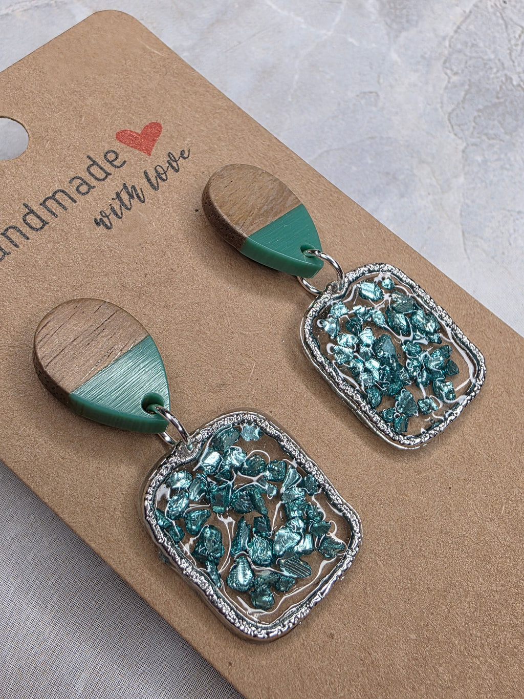 Teal Crushed Glass & Wood Resin Drop Earrings | Statement Earrings
