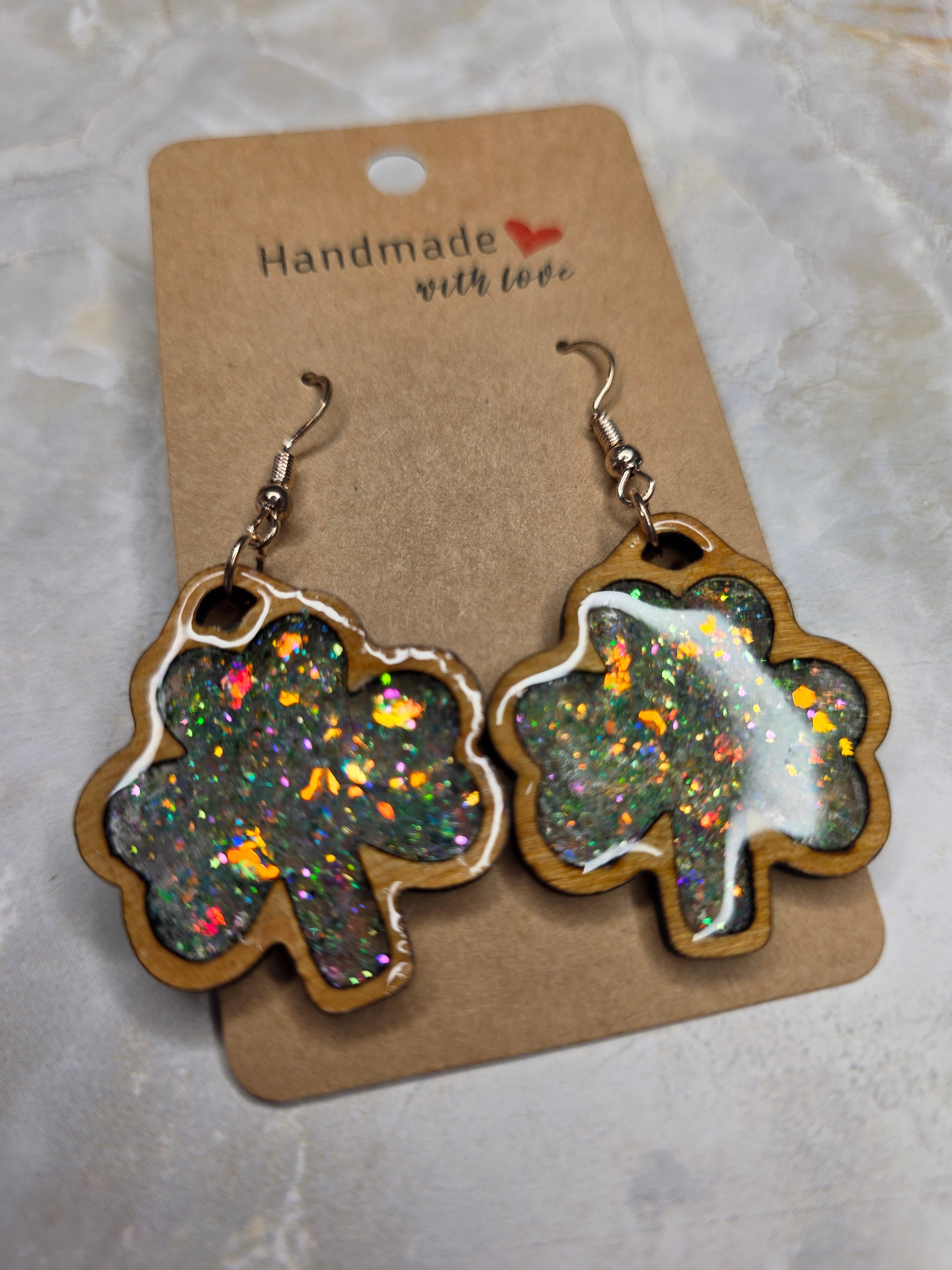 Shamrock Earrings - Holographic Resin & Wood