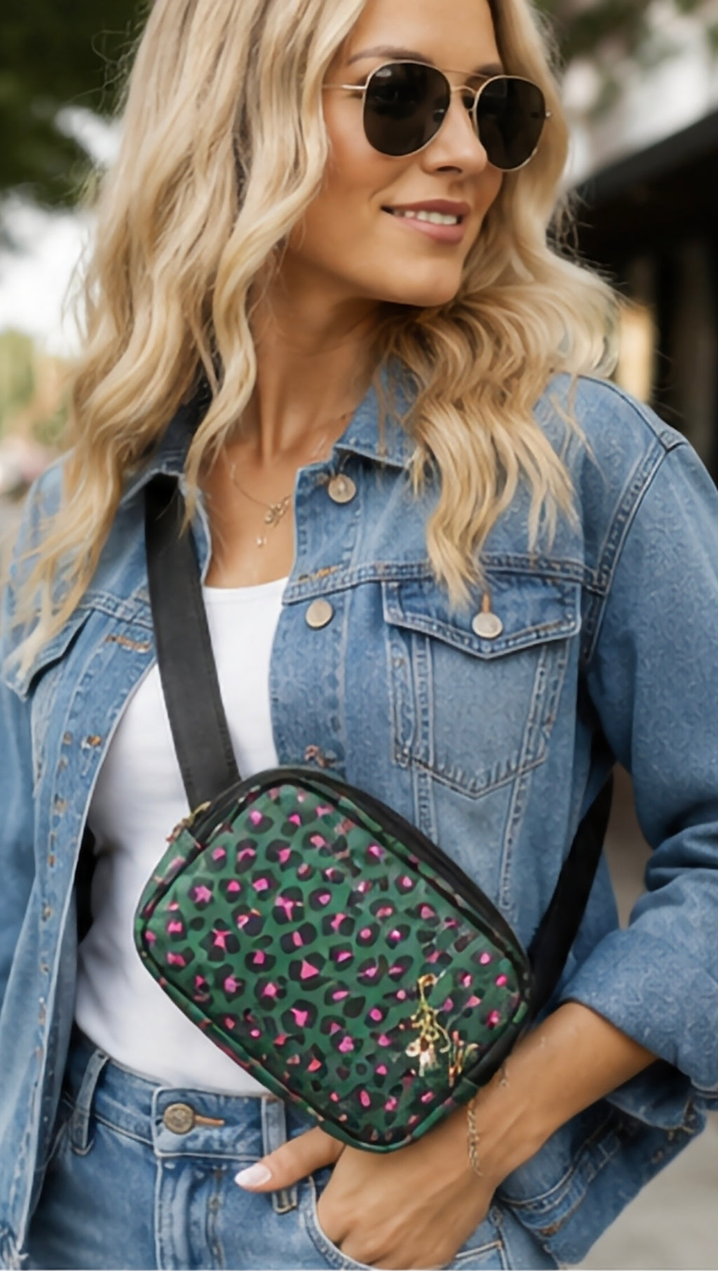 Green Leopard Charm Crossbody Bag