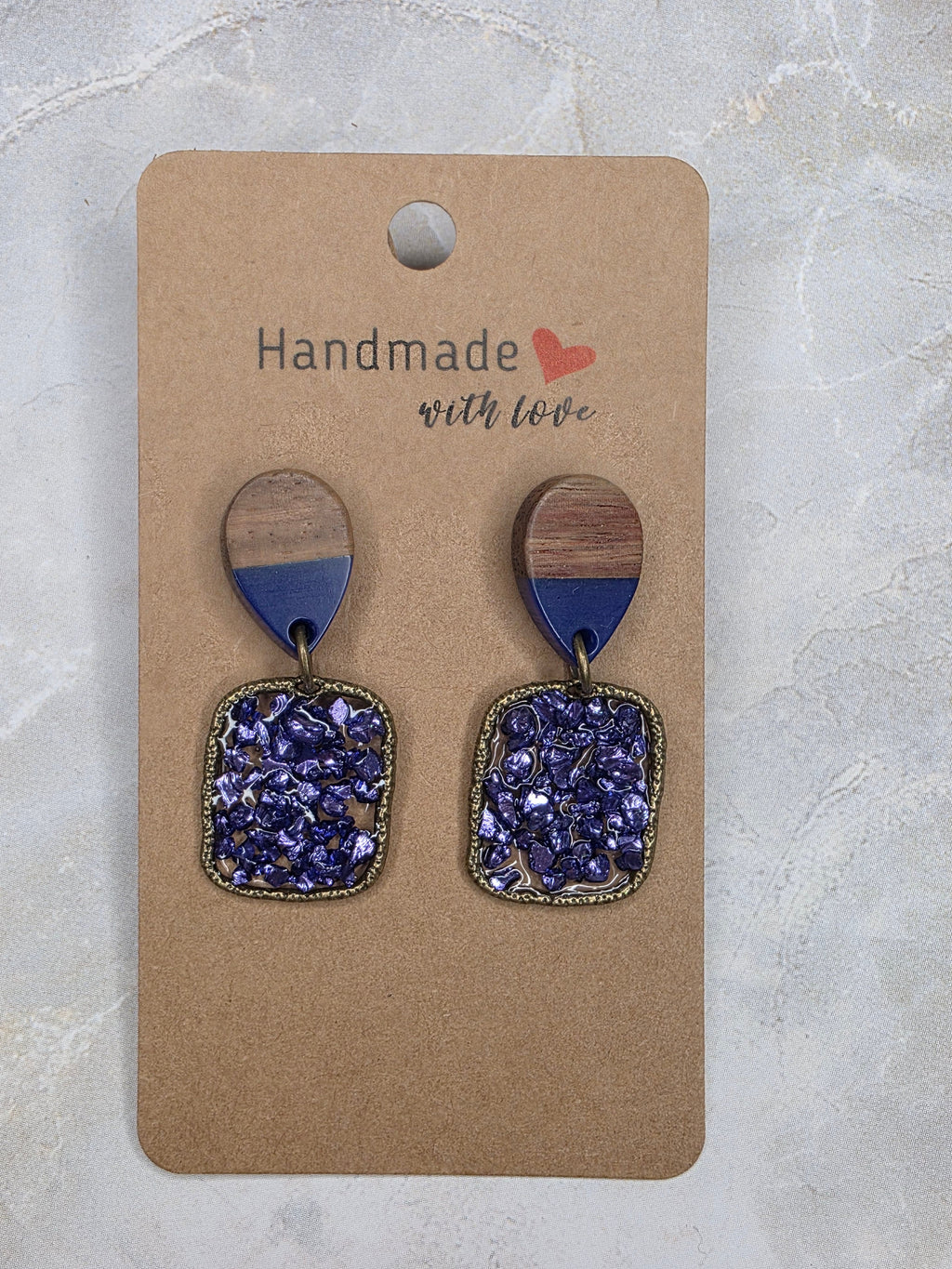 Blue Crushed Glass & Wood Drop Earrings
