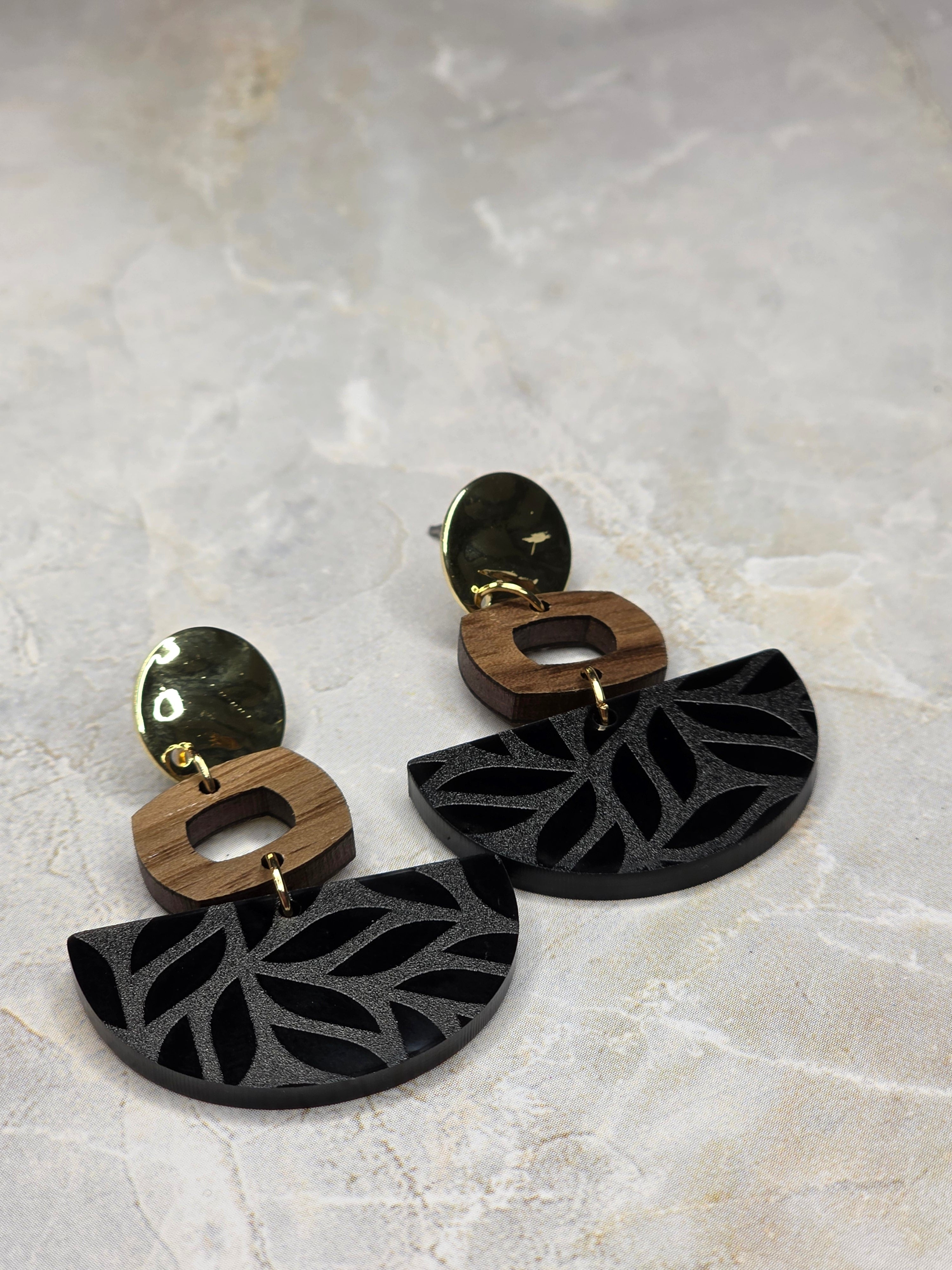 Black Geometric Acrylic & Wood Dangle Earrings