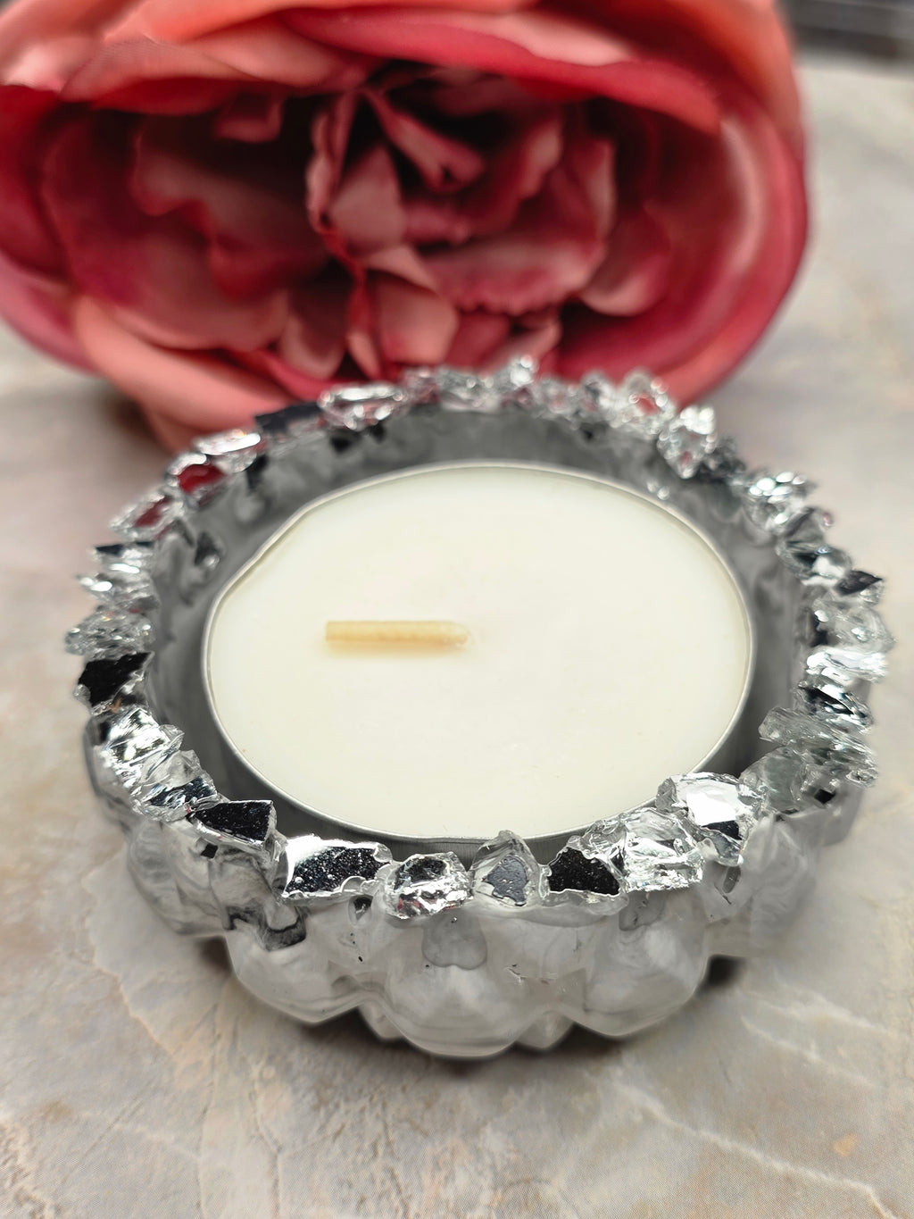 Eco Resin Tealight Candle Holder | Crushed Silver Glass