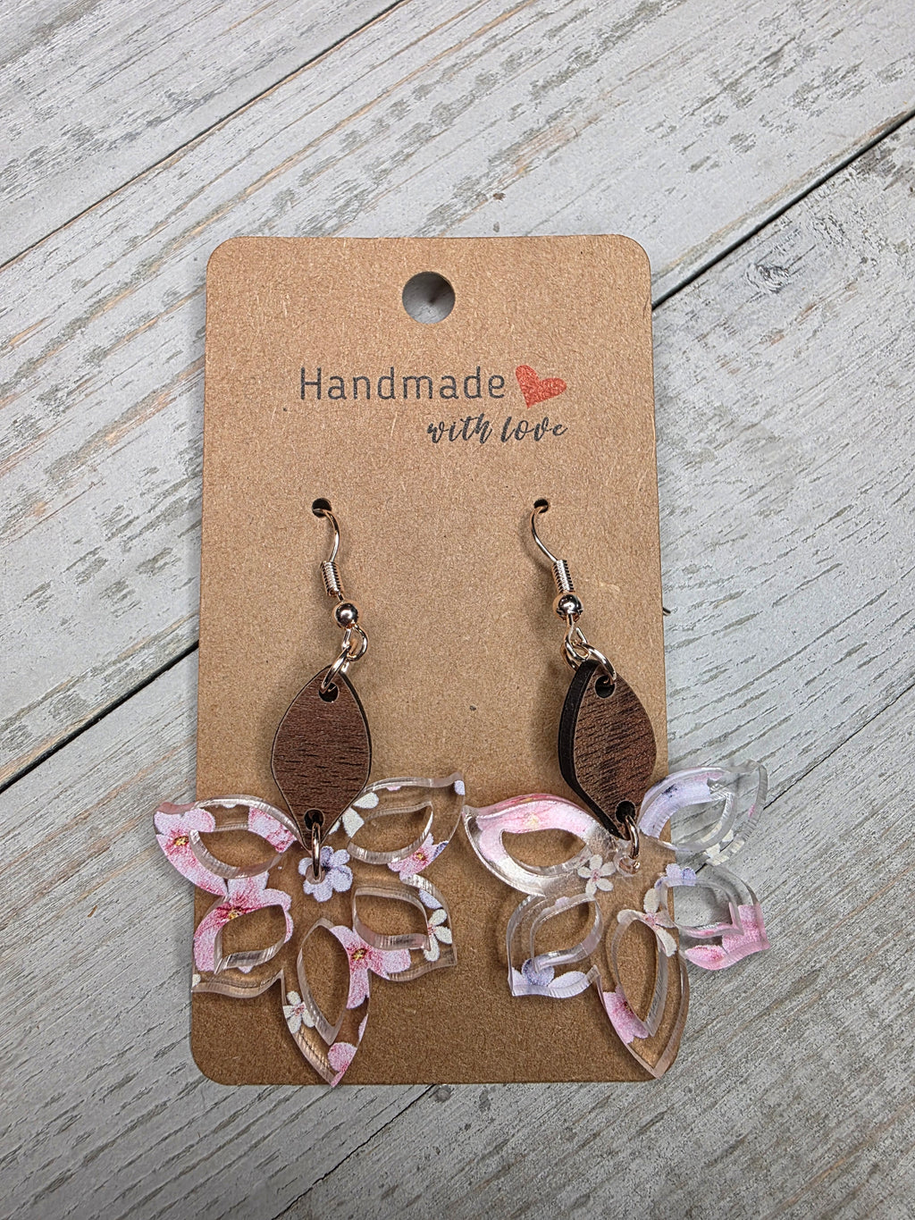 Cherry Blossom Flower Acrylic & Wood Dangle Earrings