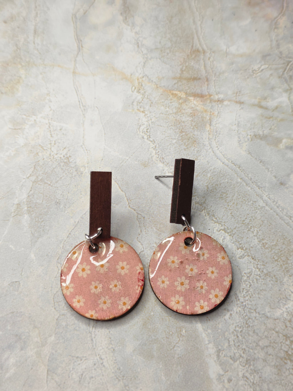 Pink Daisy Wood Dangle Earrings