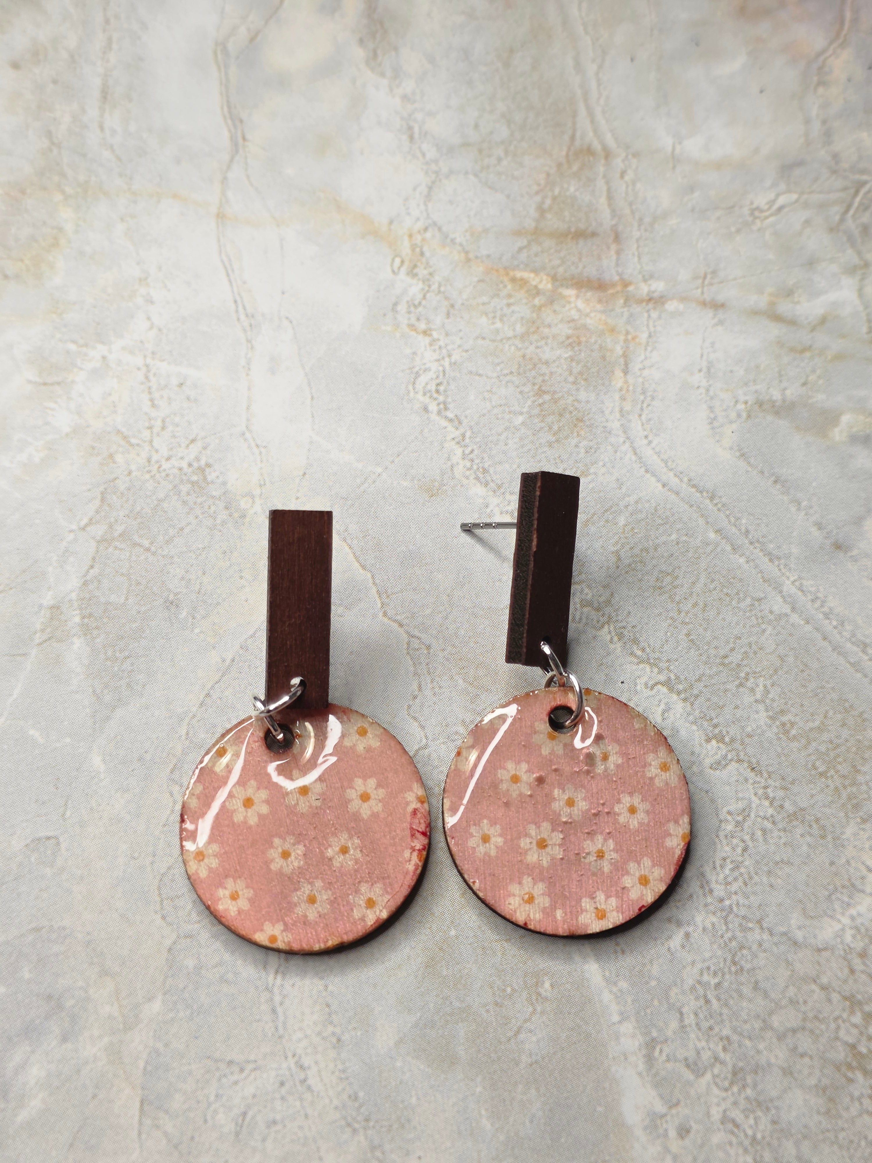 Pink Daisy Wood Dangle Earrings