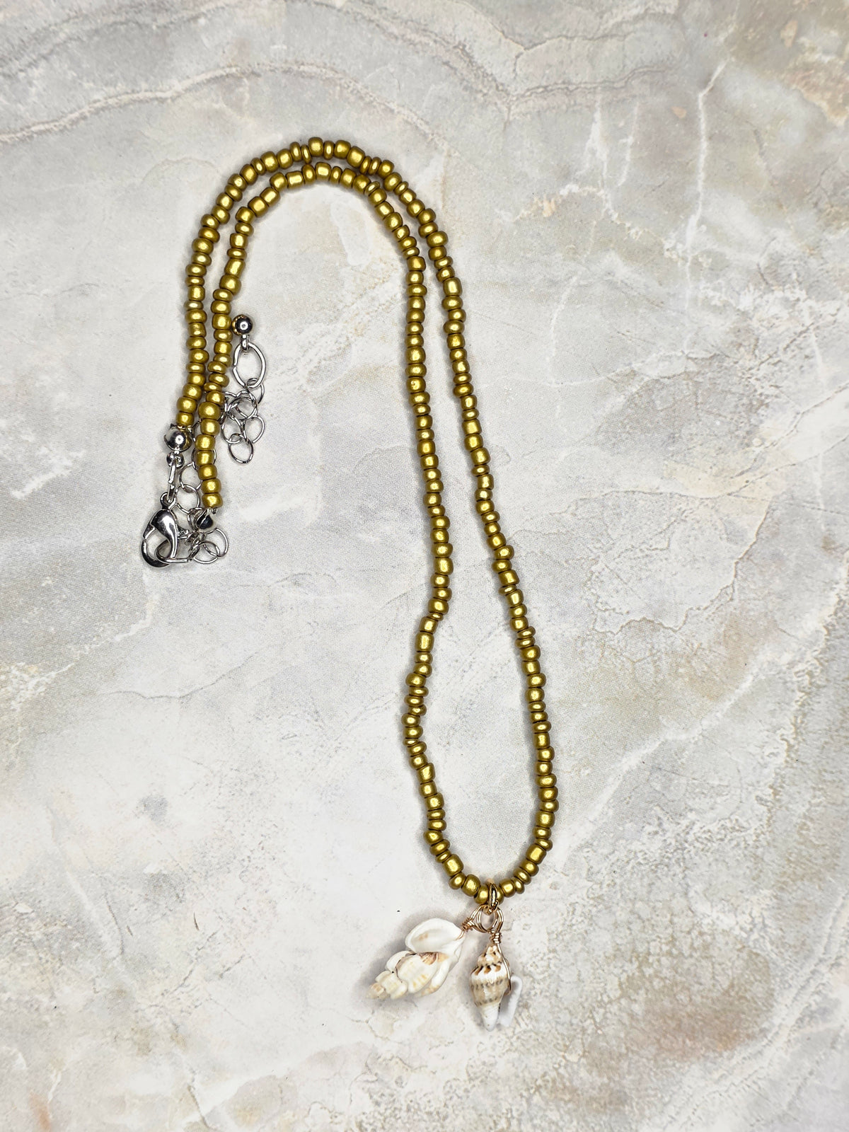Gold Seed Bead & Wire-Wrapped Shell Charm Necklace