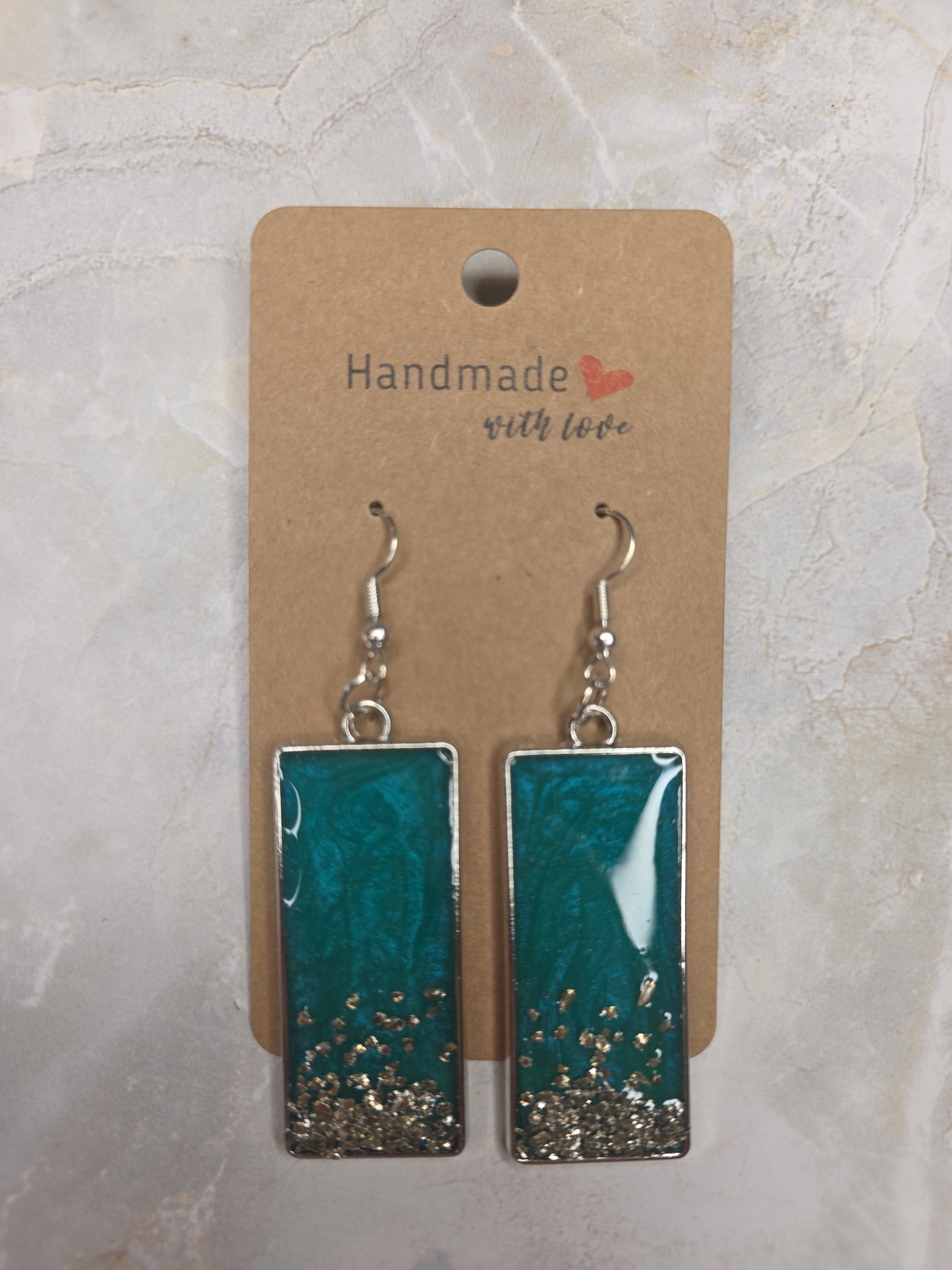 Teal & Silver Accent Resin Rectangle Earrings