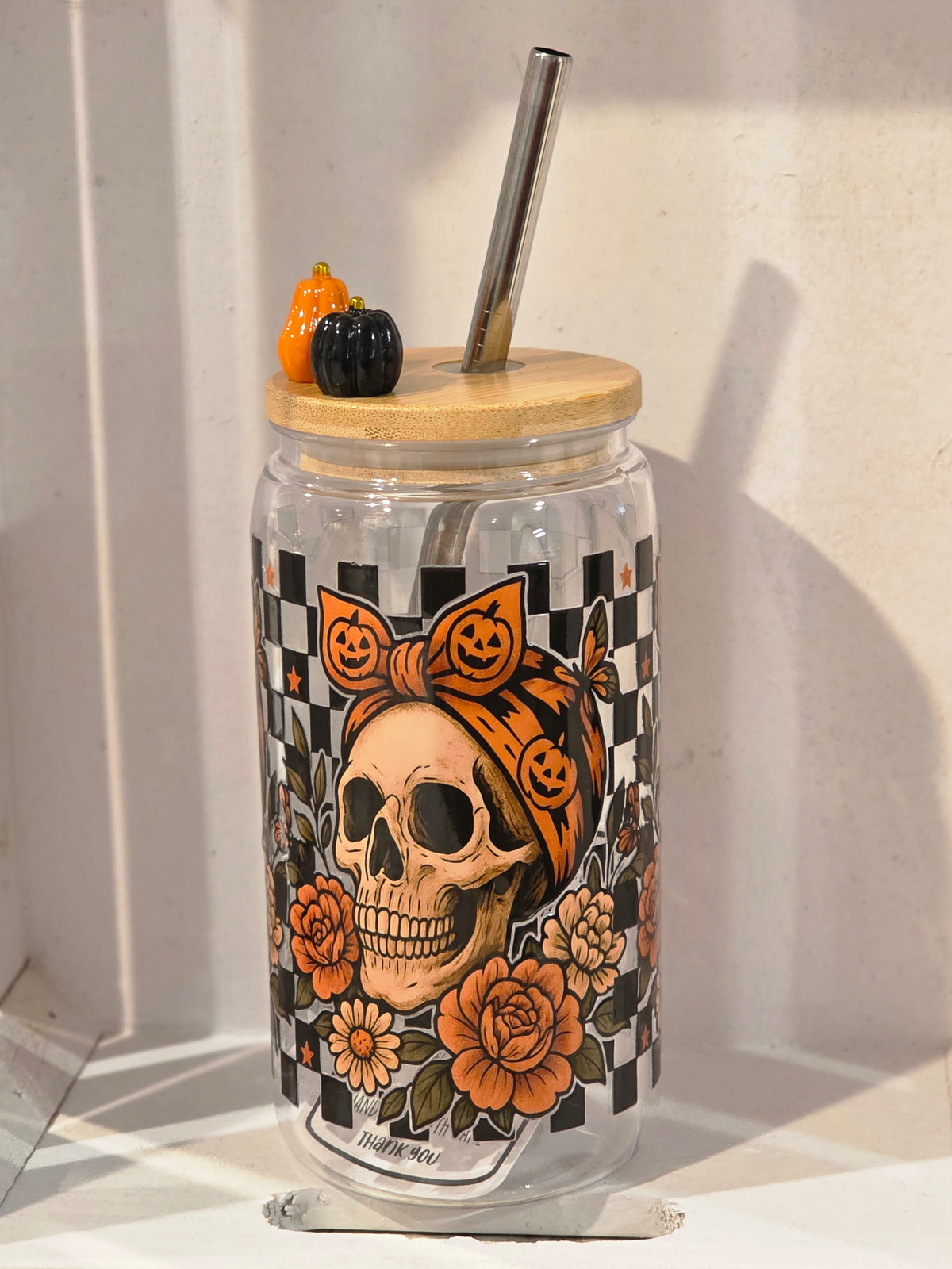 16 oz Pumpkin Skull & Orange Floral Acrylic Tumbler