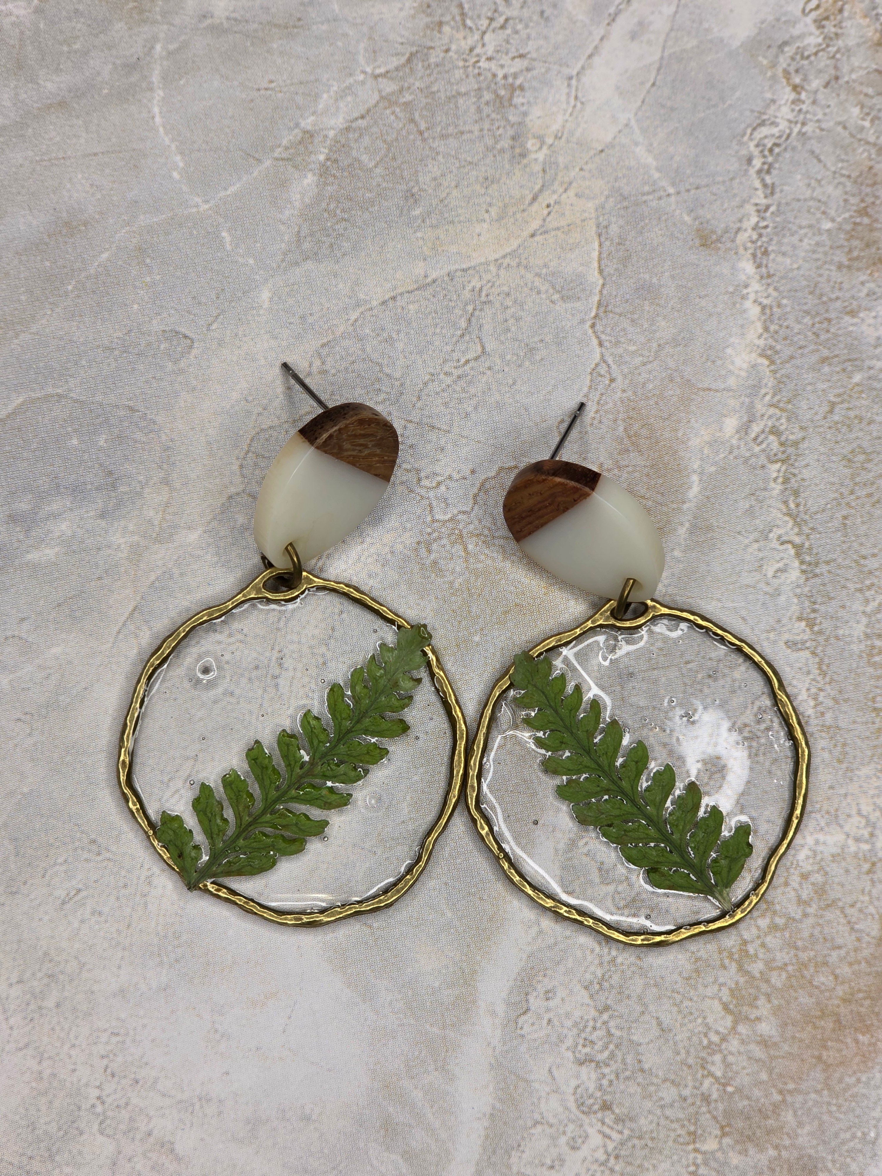 Real Fern Resin & Wood Dangle Earrings